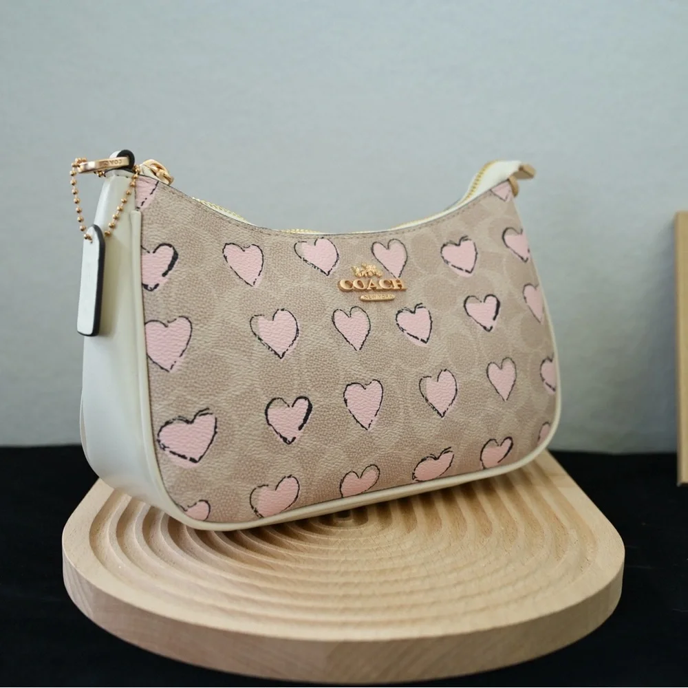Coach Tan and Pink Heart Shoulder Bag - Picture 2 of 6